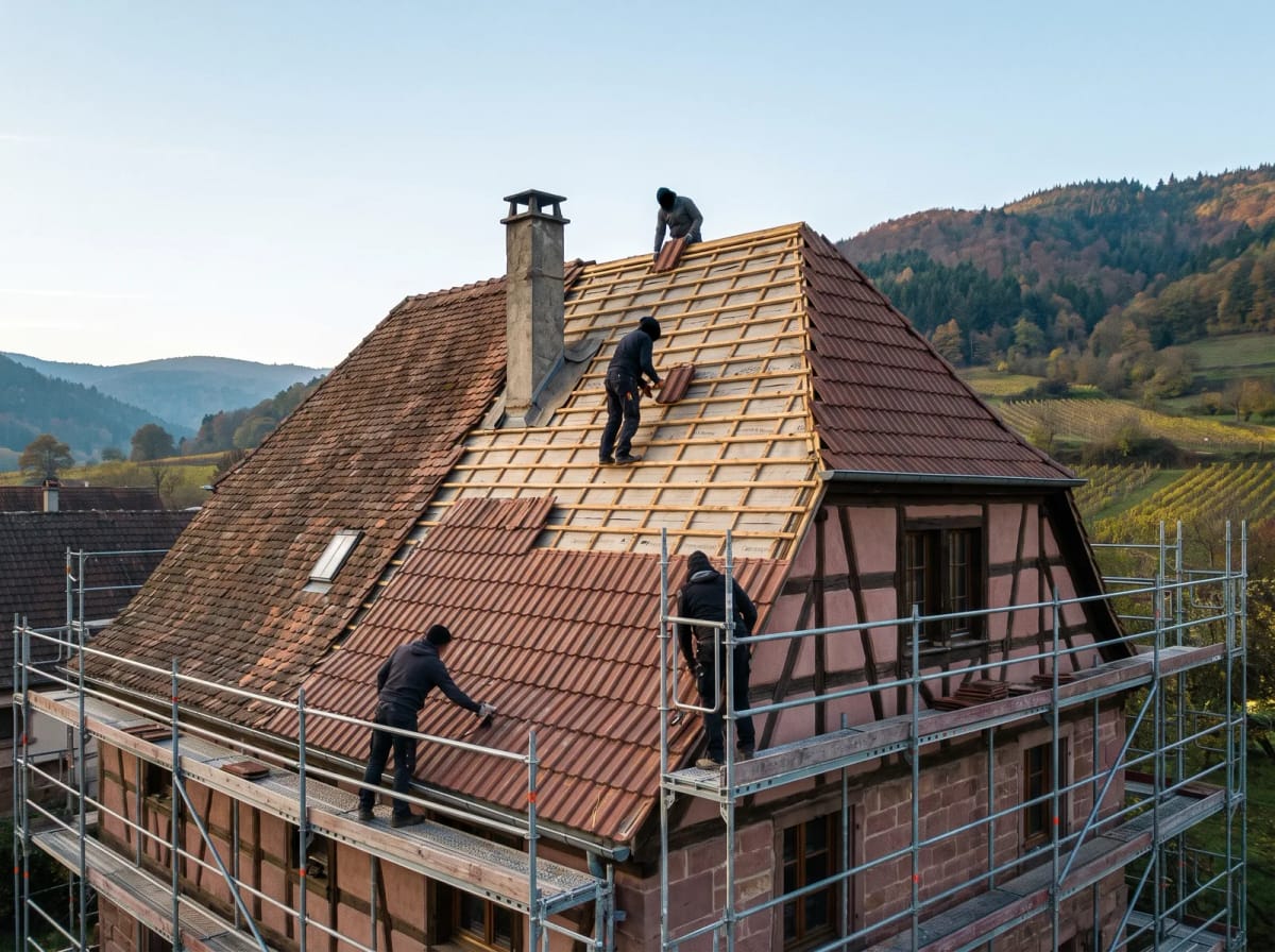 Couvreurs refaisant la toiture en tuiles d'une maison, échafaudage monté le long de la façade